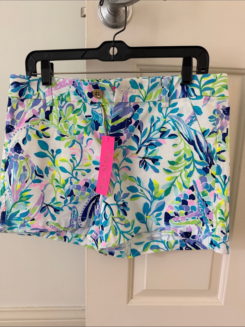 Lilly Pulitzer Tropical Leaf Print High-Waist Shorts - Blue/Pink/Green